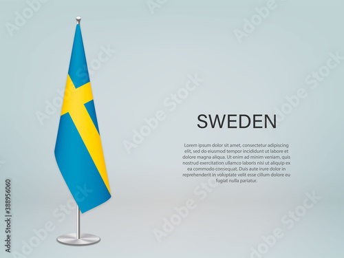 Sweden hanging flag on stand. Template for politic conference banner