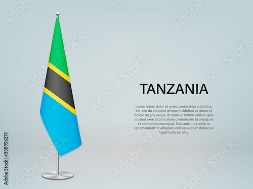 Tanzania hanging flag on stand. Template for politic conference banner