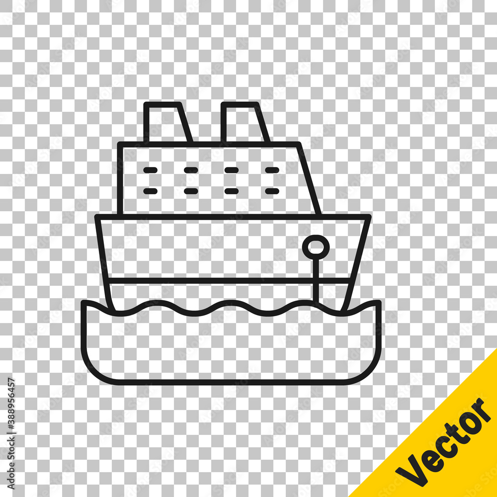 Black line Cruise ship icon isolated on transparent background. Travel tourism nautical transport. Voyage passenger ship, cruise liner. Worldwide cruise. Vector. Black line Cruise ship icon isolated on transparent background. Travel tourism nautical transport. Voyage passenger ship, cruise liner. Worldwide cruise. Vector.