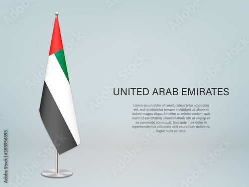 United Arab Emirates hanging flag on stand. Template for politic conference banner