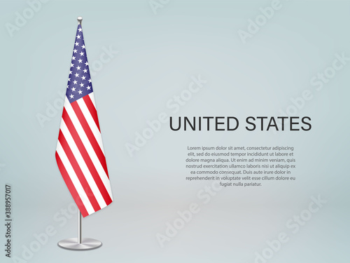 United States hanging flag on stand. Template for politic conference banner