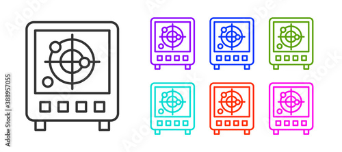 Black line Radar with targets on monitor in searching icon isolated on white background. Search system. Navy sonar. Set icons colorful. Vector.