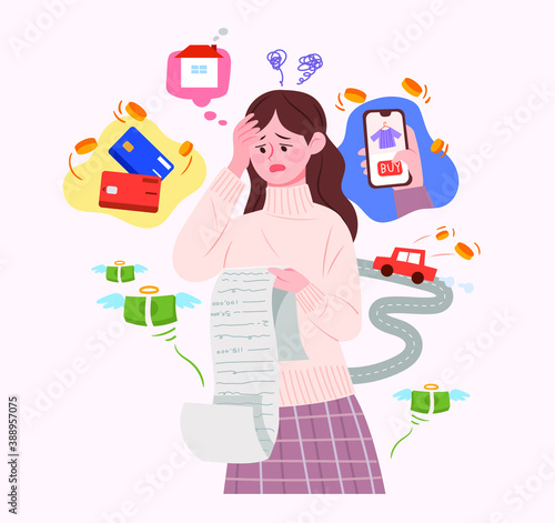 A woman is struggling with credit card debt and expenses. Concept illustration about installment debt.