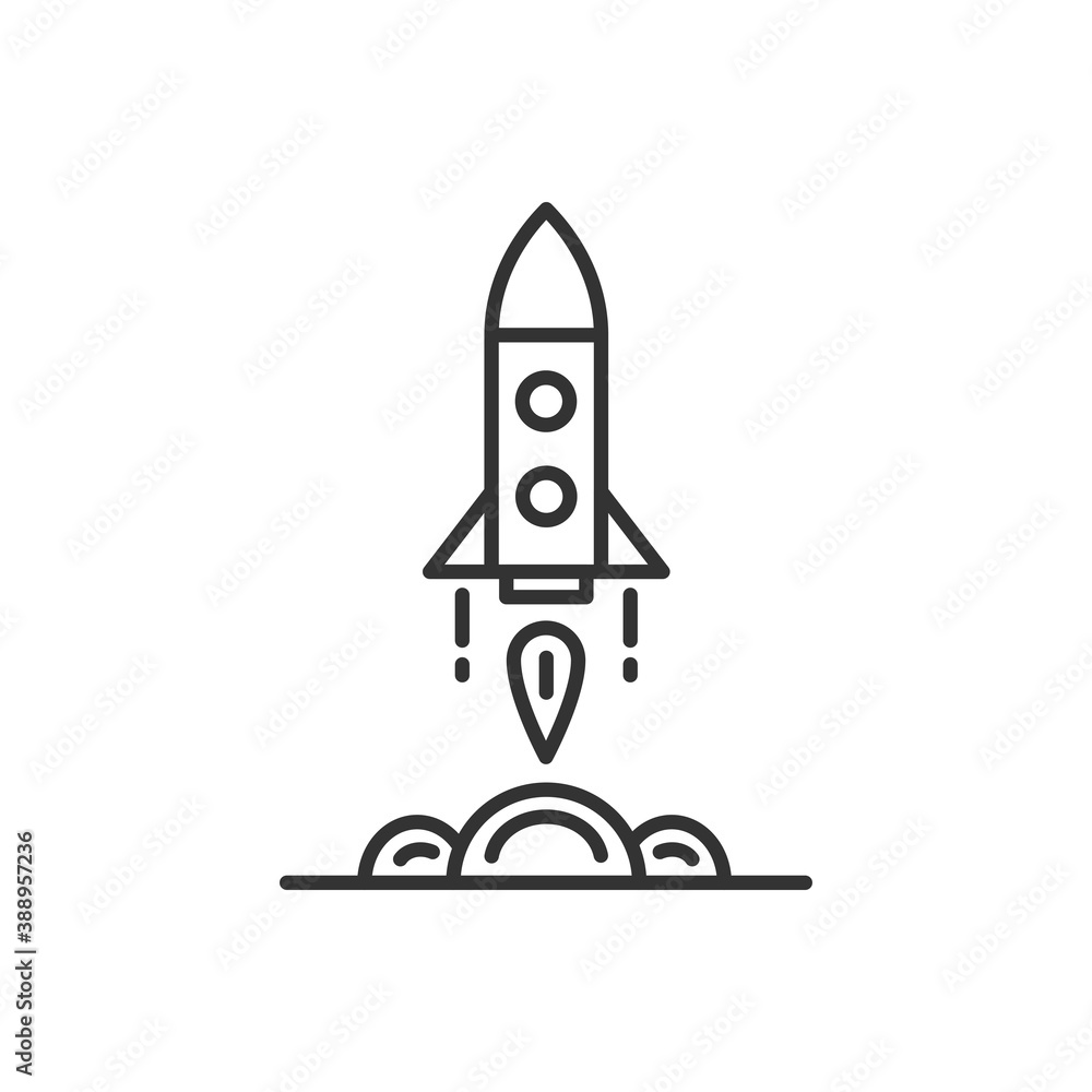 Icon rocket takes off. Business startup. Vector black icon.