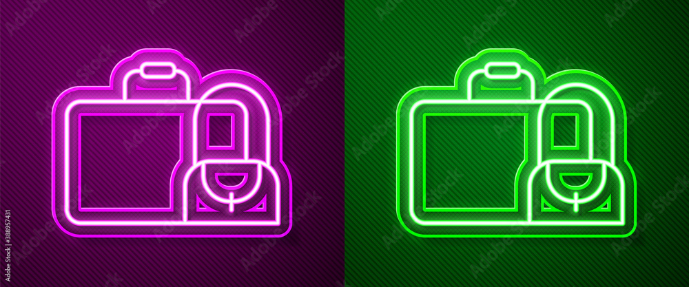 Glowing neon line Suitcase for travel icon isolated on purple and green background. Traveling baggage sign. Travel luggage icon. Vector. Glowing neon line Suitcase for travel icon isolated on purple and green background. Traveling baggage sign. Travel luggage icon. Vector.