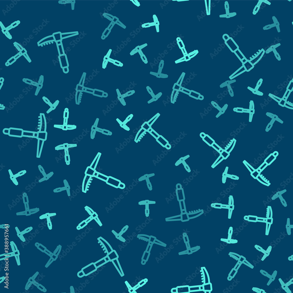 Green line Ice axe icon isolated seamless pattern on blue background. Montain climbing equipment. Vector. Green line Ice axe icon isolated seamless pattern on blue background. Montain climbing equipment. Vector.