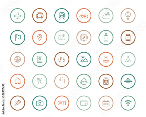 旅行、旅、トラベルのアイコンのセット／シンプル／イラスト／国内／海外／レジャー／マーク／地図／観光