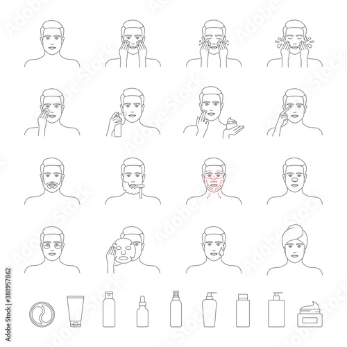 Men's skin care vector icon set. Line style, editable stroke