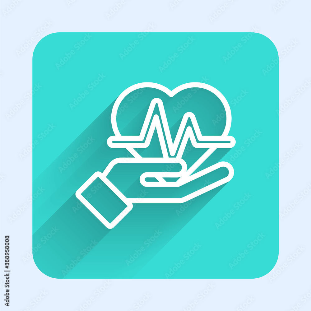 White line Heart rate icon isolated with long shadow. Heartbeat sign. Heart pulse icon. Cardiogram icon. Green square button. Vector.