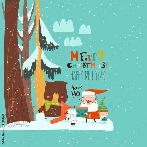 Cartoon Santa Claus with animals in the winter forest