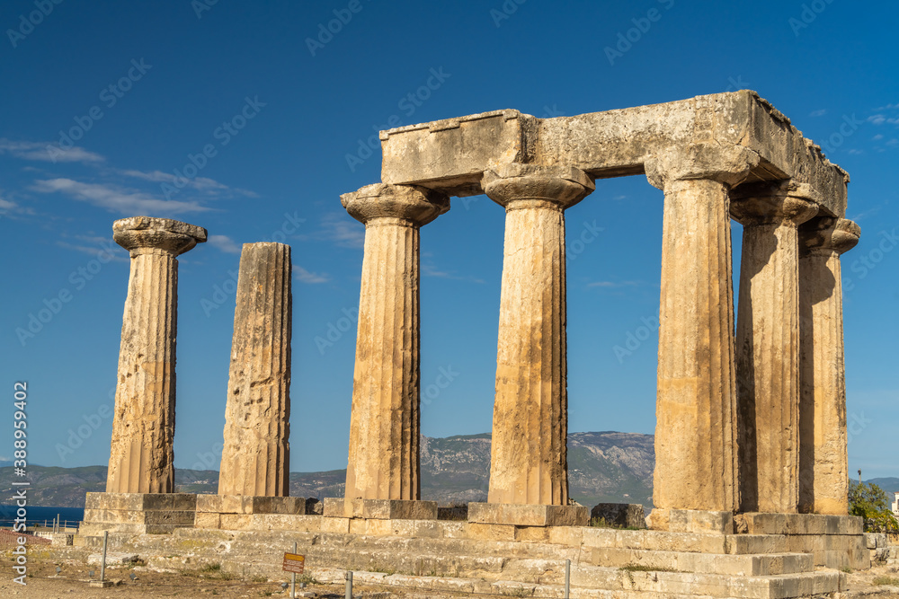 Ruins of the Temple of Apollo in Ancient Corinth, Peloponnese, Greece. For Christians, Corinth is well known from the two letters of Saint Paul in the New Testament.