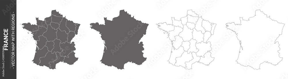 4 vector political maps of France with regions on white background	