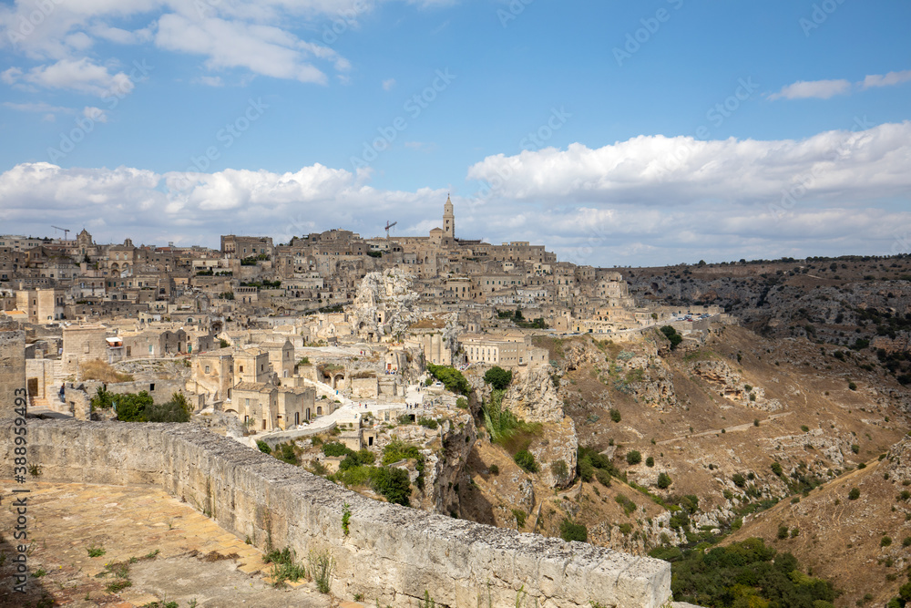 View of the Sassi di Matera a historic district in the city of Matera, well-known for their ancient cave dwellings. Basilicata. Italy