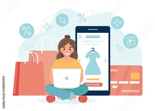 Online shopping concept with woman holding a laptop. Vector illustration template