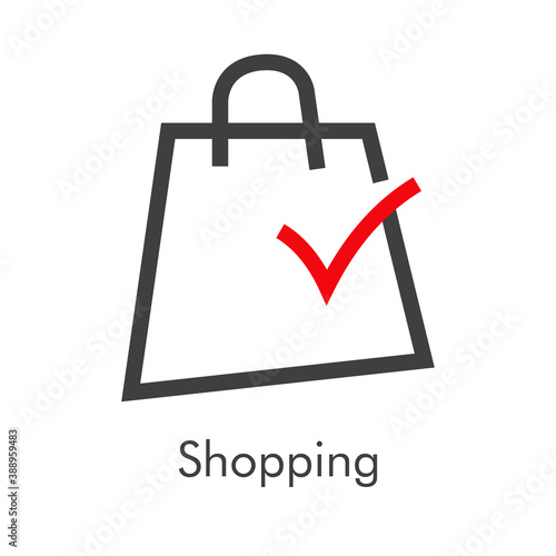 Símbolo de tienda en línea. Logotipo lineal con texto Shopping con bolsa de la compra con tilde de casilla de verificación en gris y rojo