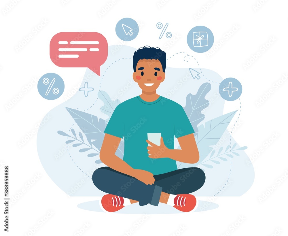 Obraz premium Black man using smartphone. Vector illustration in flat style