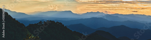 Panoramic shot of sunset and mist at Doi Inthanon National park ,Chiang Mai ,Thailand