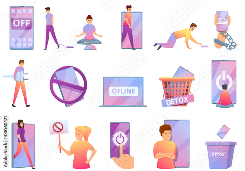 Digital detoxing icons set. Cartoon set of digital detoxing vector icons for web design