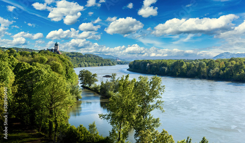 Fototapeta Naklejka Na Ścianę i Meble -  Danube river in hilly Wachau valley landscape. Lower Austria.