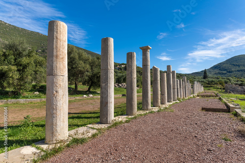 Ruins in the Ancient Messene archeological site, Peloponnese, Greece. One of the best preserved ancient cities in Greece with visible remains dating back further than the 4th century BC.