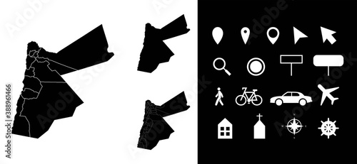 Map of Jordan administrative regions departments, icons. Map location pin, arrow, man, bicycle, car, airplane. photo