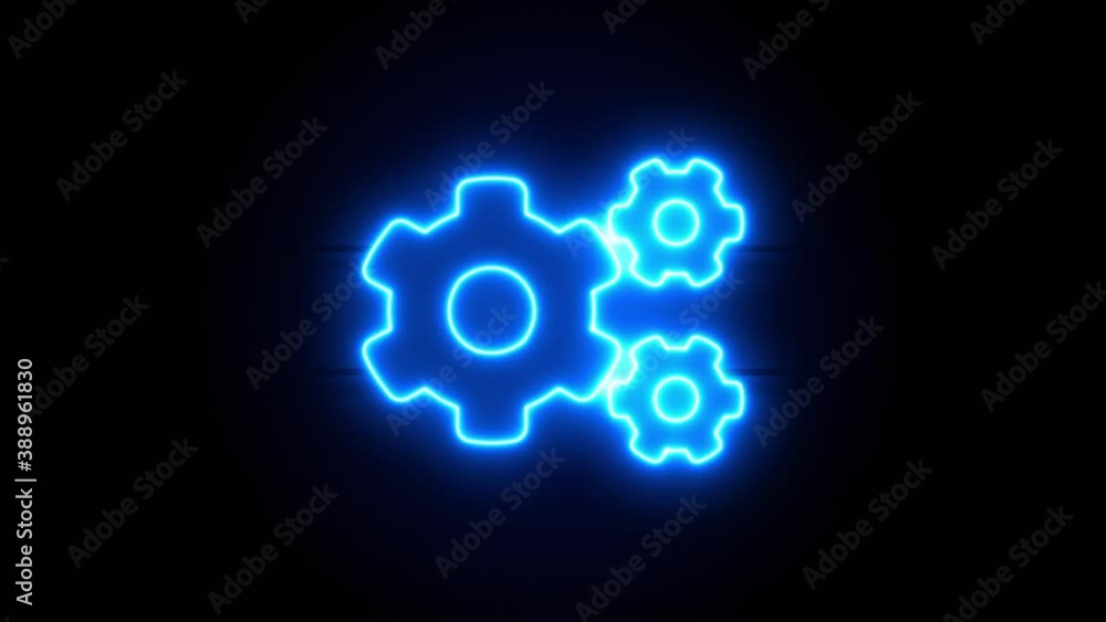 Cog Wheels neon sign appear in center and disappear after some time. Animated blue neon symbol on black background. Looped animation. Cog Wheels neon sign appear in center and disappear after some time. Animated blue neon symbol on black background. Looped animation.