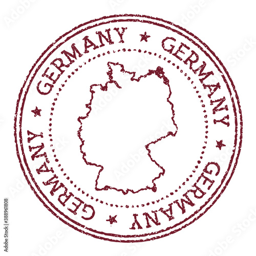 Germany round rubber stamp with country map. Vintage red passport stamp with circular text and stars, vector illustration.
