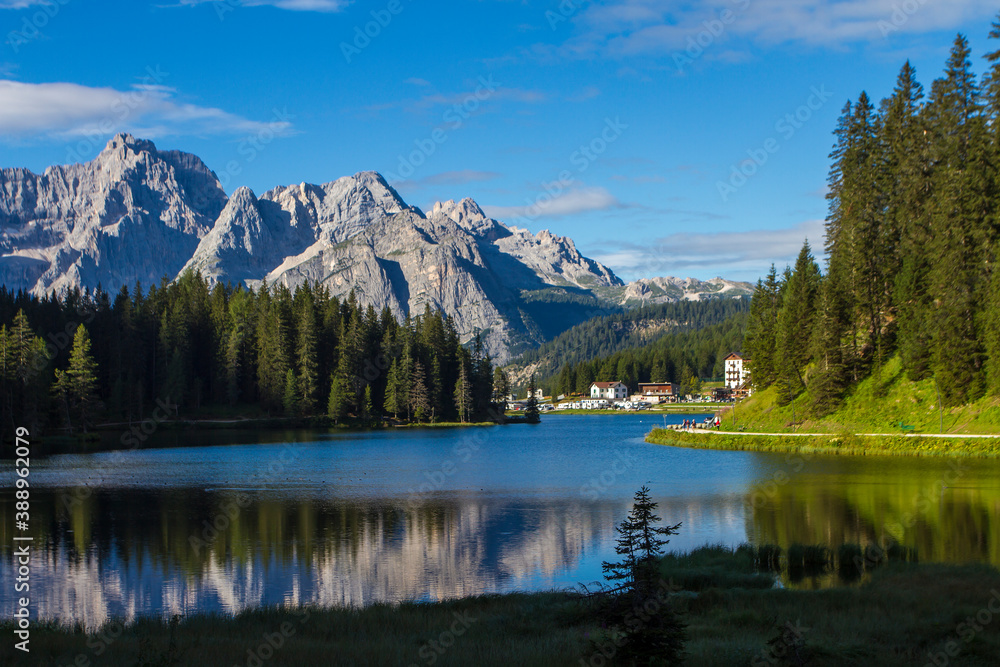 View of Misurina's lake in a clear summer's morning