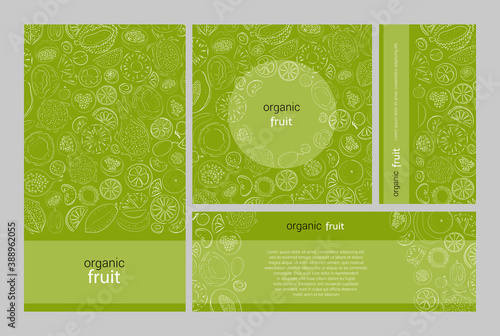 Vector banners of tropical fruits with seamless pattern. Design for juices, ice cream, natural cosmetics, sweets and pastries with fruit filling, dessert menu, health products. With place for text.