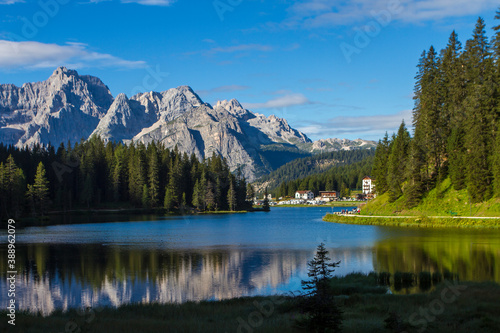 View of Misurina s lake in a clear summer s morning