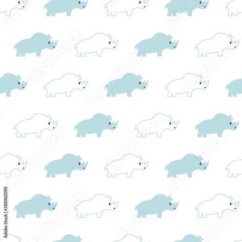Cute Blue and White Rhino Row Vector Graphic Seamless Pattern