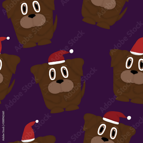 New Year seamless pattern with cute dogs with Santa hats on a purple background