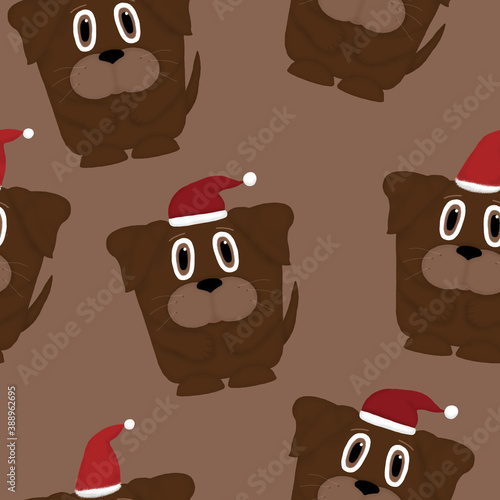 New Year seamless pattern with cute dogs with Santa hats on a brown background