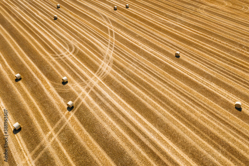 Abstract aerial view of straw bales in field in Schernberg, Germany. photo