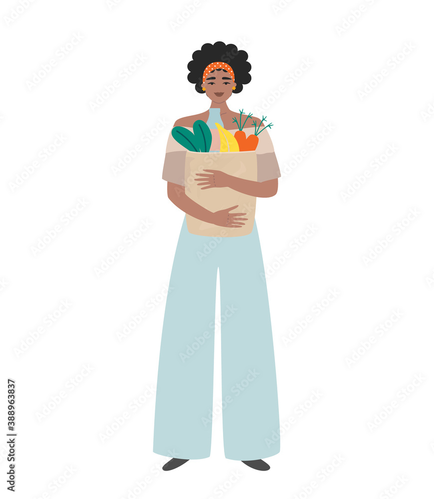 Grocery shopping. Happy black woman holding a paper bag with fresh vegetables and fruit. Beautiful afro american girl in casual clothes buys healthy food. Flat vector illustration Grocery shopping. Happy black woman holding a paper bag with fresh vegetables and fruit. Beautiful afro american girl in casual clothes buys healthy food. Flat vector illustration