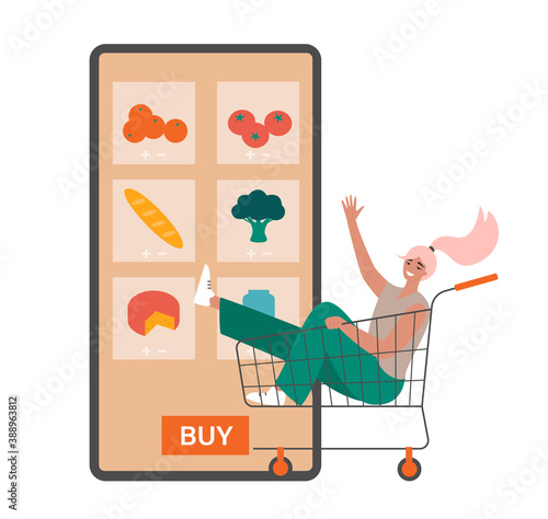 Online grocery shopping concept. Young beautiful woman sitting in a shopping cart and ordering food via mobile phone. Buying groceries on the internet. Isolated flat vector illustration