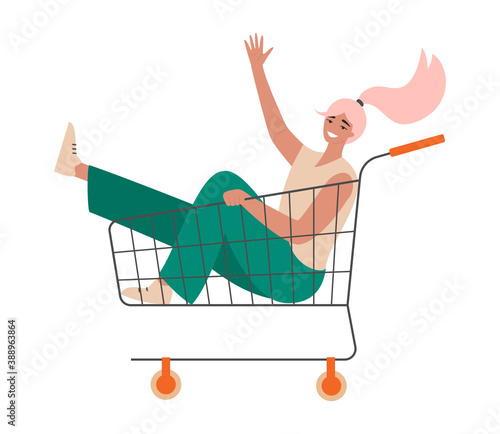 Happy young woman sitting in a supermarket shopping cart. Beautiful crazy hipster girl smiling at the store. Shopaholic, customer, sale concept. Isolated flat vector illustration