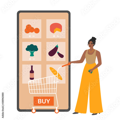 Online grocery shopping concept. Young beautiful black woman ordering food at the delivery service via mobile phone. Buying goods on the internet. Isolated flat vector illustration