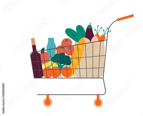 Supermarket shopping cart full of fresh groceries. Trolley with organic tasty food, fruit and vegetables. Flat vector illustration isolated on white background