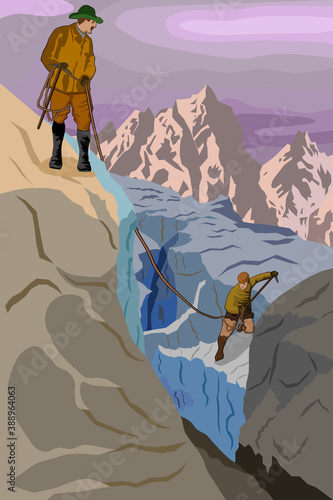 Retro illustration of two men climbers overcoming a crack in a glacier vector