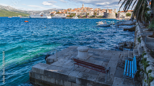 Benches beside the old town of Korcula