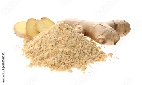 Dry ginger powder and fresh root isolated on white