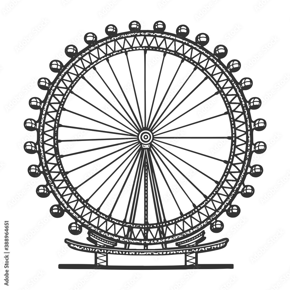 London Eye Millennium ferris wheel sketch engraving vector illustration. T-shirt apparel print design. Scratch board imitation. Black and white hand drawn image.