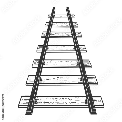 railway line stretching beyond the horizon sketch engraving vector illustration. T-shirt apparel print design. Scratch board imitation. Black and white hand drawn image.