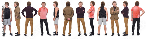 rear, front and side view of the same man with different outfits on white background