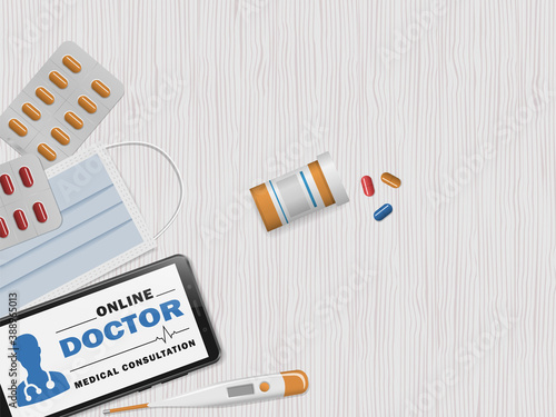 Telemedicine, Medical mobile consultation, Online doctor, Online medicine technology. Service for remote diagnostic. Smartphone with facial mask, pills, thermometer. Health care. Vector illustration