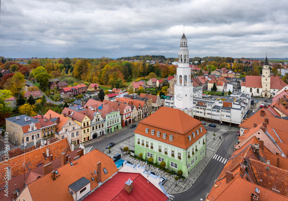 Gryfow Slaski, Poland - aerial view of Rynek square with historic building of Town Hall
