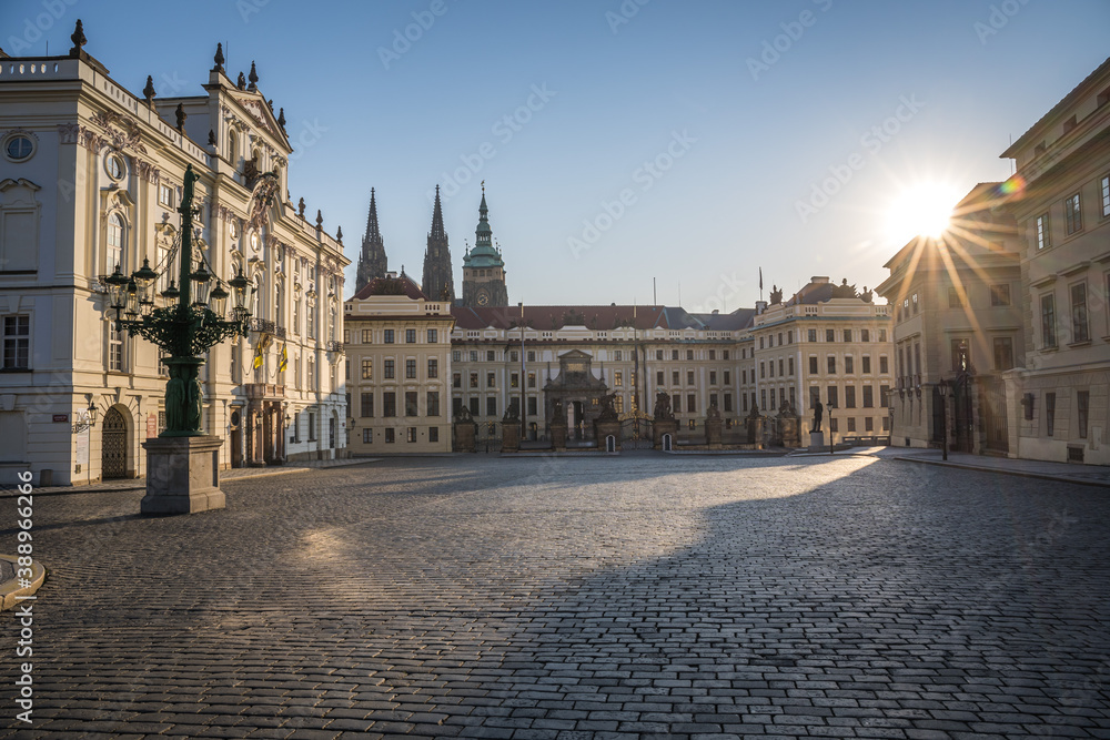 Prague castle Located in the Hradcany district is the official residence and office of the President of the Czech Republic, Hradcanske square. Lockdown trime due to pandemic. There is nobody.