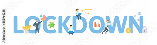 Lockdown. Concept with keywords, people and icons. Flat vector illustration. Isolated on white background.