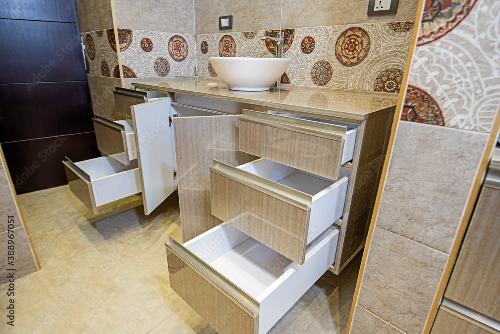 Interior design of bathroom sink and cupboard unit